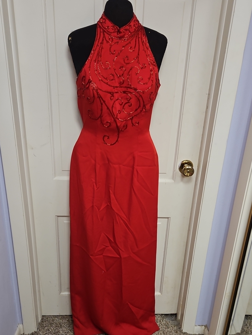 VTG 90s Red Beaded Embellished Halter Backless Evening Gown